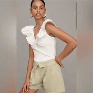 NWT Anthropologie | Dolan | White Knit Ruffle V-Neck Preppy Neutral Top, XL